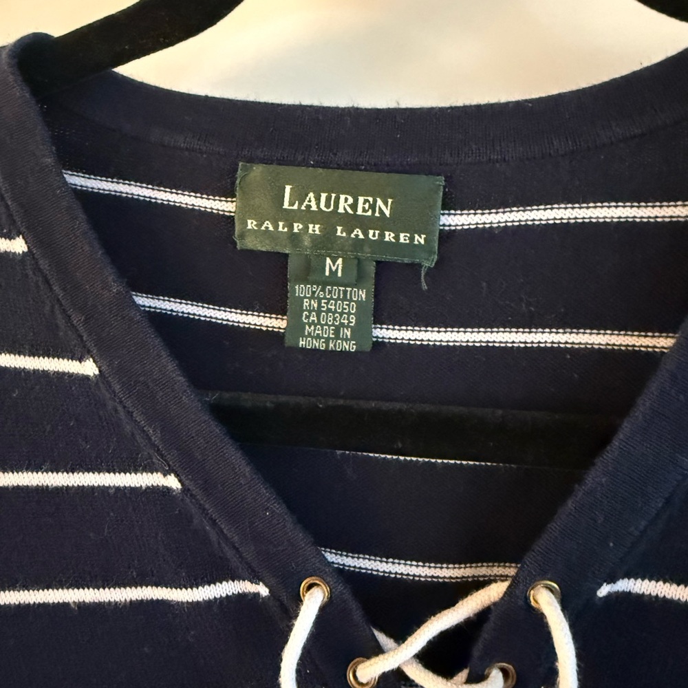 Lauren Ralph Lauren Navy and White Lace-Up Top (Vintage 100% cotton)